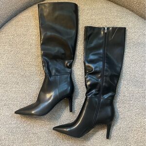 Easyfox Knee High Heel Boots 8.5 Black Faux Leather Pointed Toe Classic Chic New